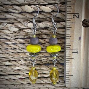 Charming Yellow Beaded Handmade Dangle Earrings with Wooden and Glass Beads OOAK